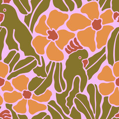 Seamless pattern with parrots sitting on branches with flowers. In flat retro style. - 619015893