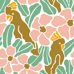 Seamless pattern with parrots sitting on branches with flowers. In flat retro style.