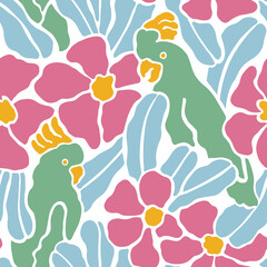 Seamless pattern with parrots sitting on branches with flowers. In flat retro style.