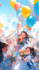 Obraz na płótnie Canvas Many students holding balloons and bouquet are celebrating graduation or successfulness under the blue sky. Created with Generative AI technology. 