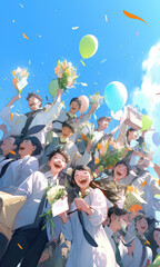 Many students holding bouquet or ribbons are celebrating their graduation under the blue sky. Created with Generative AI technology. 
