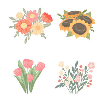 Delicate vector set of floral bouquets in pastel colors isolated from background. Rustic collection of sunflowers, tulips, wildflowers, and berries.