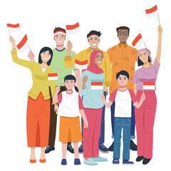 Indonesian independence day, Group of young people holding small flags. Vector