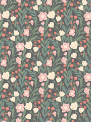 Dark vector rural ditsy pattern. Seamless shabby chic texture. Background with branches, foliage, flowers and berries on gray background.