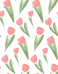 Obraz premium Delicate vector pattern with pink tulips on a white background. Feminine spring floral texture in pastel colors