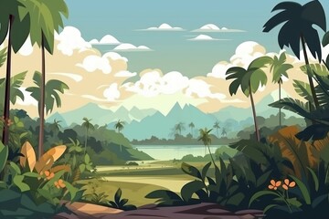 Tropical landscape cartoon view. Generate Ai
