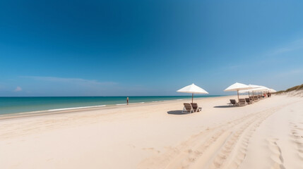 beach with umbrellas and chairs created using Generative AI	