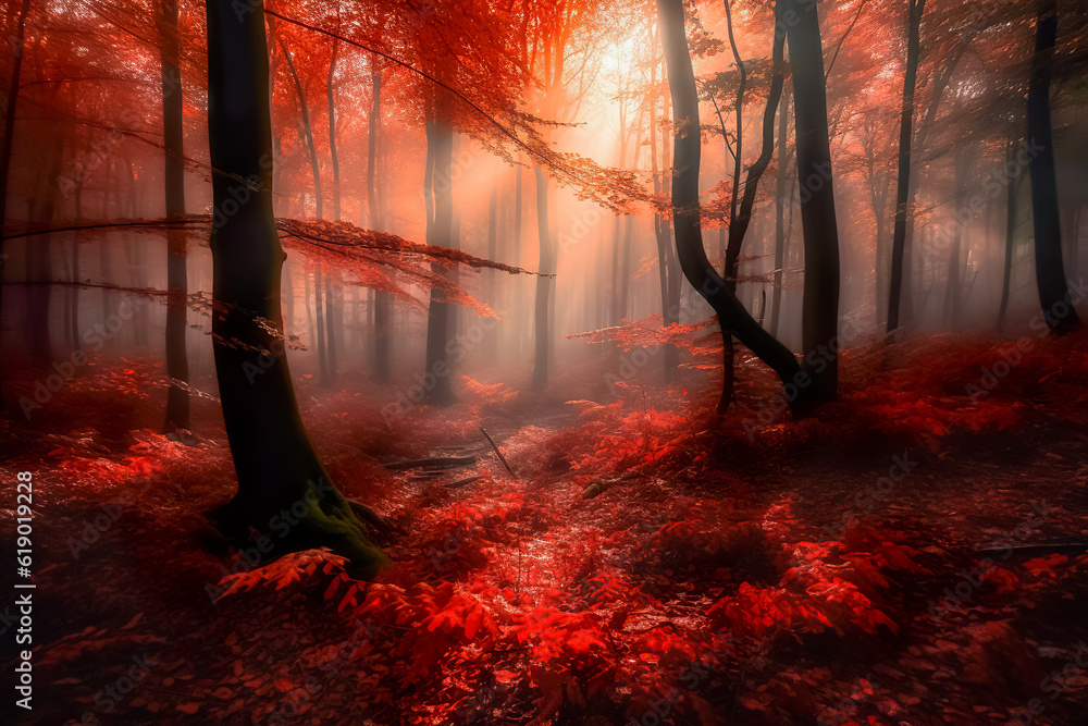 Poster foggy autumn forest with red trees and rays of light. generative ai