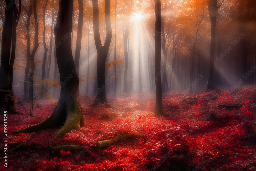 Poster Foggy autumn forest with red trees and rays of light. Generative AI