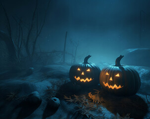 Naklejka premium spooky Halloween pumpkin in the forest created using Generative AI