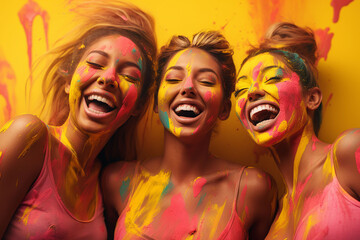 Obraz premium Cheerful multi-ethnic women with face paint laughing. Concept. friendship day. 