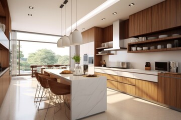 Brown modern kitchen sunny. Generate Ai