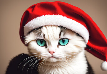 Cat wearing santa claus hat on christmas background. Generative AI
