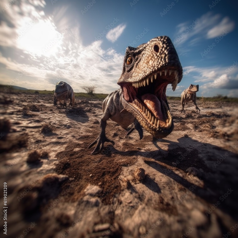 Poster a t - rex with its mouth open in a field. generative ai image.