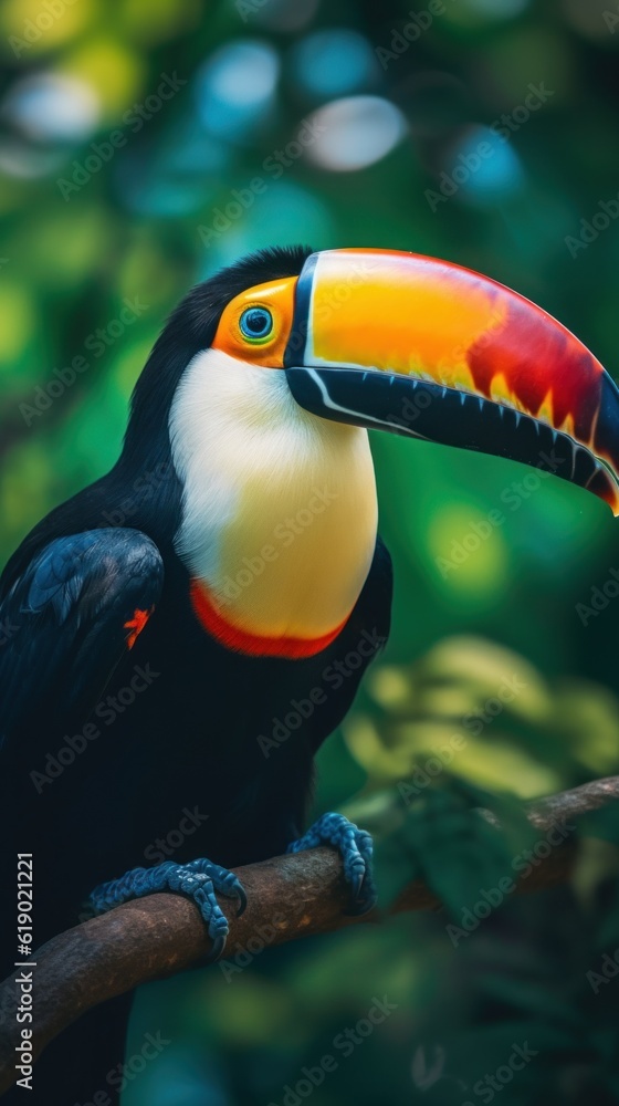Poster a black and yellow toucan sitting on a tree branch. generative ai image.
