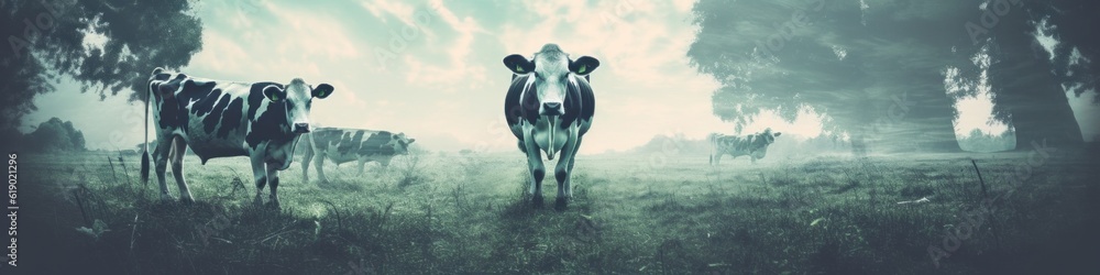 Poster a herd of cows standing on top of a lush green field. generative ai image.