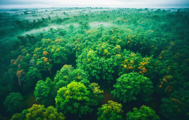 Naklejka na ściany i meble Aerial view of misty forest in the morning. Beautiful nature landscape. Generative AI.