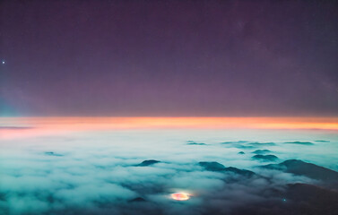 Naklejka na ściany i meble Aerial view Milky Way over the mountains in the fog at night. Generative AI.