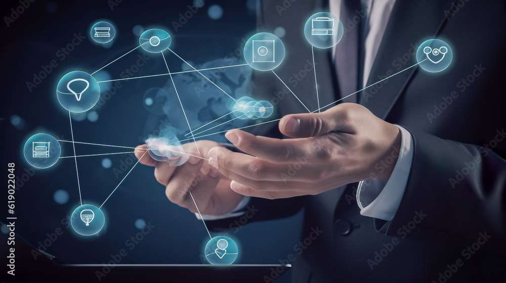 Poster businessman on blurred background using flying network connection interface. generative ai