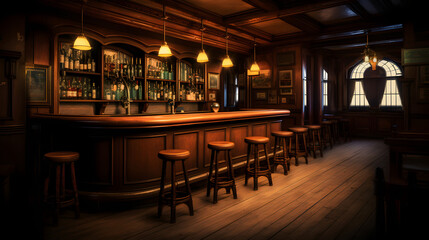 Fototapeta na wymiar Old bar scene. Traditional or British style bar or pub interior, with wooden paneling and countertops.