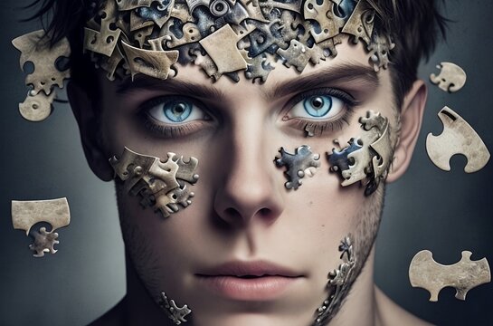 forgetting who one is due to dissociative disorders. His face half of cover the puzzles.