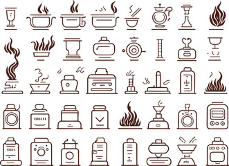 Cooker and flame icon set. It included fire, stoves, cooking hobs, hob, microwave and more icons.