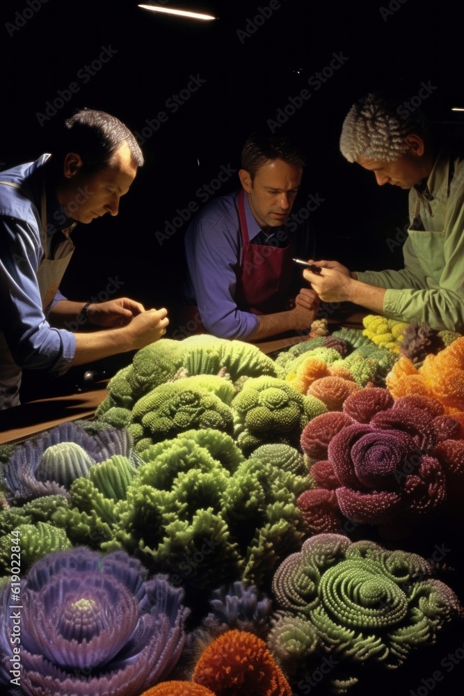 Aufkleber a group of men standing around a table filled with vegetables. generative ai image.