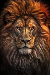 Fototapeta na wymiar A close up of a lion's face on a black background. Generative AI image.