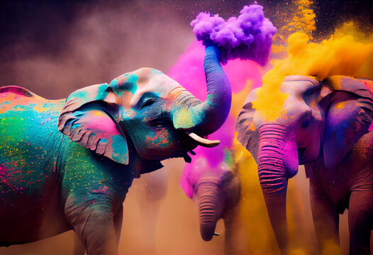 Cartoon illustration; many different animals on holi festival. All smeared with colored powder paint. AI generated.