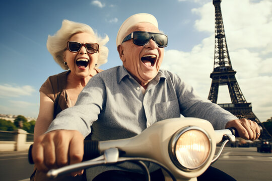 Happy elderly couple of tourists ride a scooter in France in Paris. Travel retirement concept. AI generated.