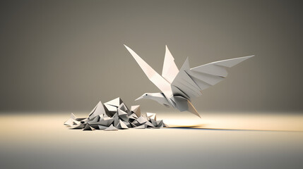 Out Of Nowhere concept of birth or rebirth as an origami bird emerging from a flat paper as a symbol of creativity and metamorphosis as a business success and an icon of change