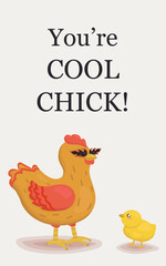 A red-haired chick in sunglasses in the shape of lights. Cool chick. A yellow chick who admires a cool chick. Easter characters. Easter holiday. Poultry character. Beige background. Vector