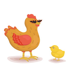 A red-haired chick in sunglasses in the shape of lights. Cool chick. A yellow chick who admires a cool chick. Easter characters. Easter holiday. Poultry character. White background.Vector illustration