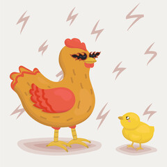 A red-haired chick in sunglasses in the shape of lights. Cool chick. A yellow chick who admires a cool chick. Easter characters. Easter holiday. Poultry character. Beige background with zippers.Vector