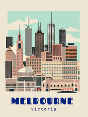 Fototapeta premium Melbourne: Beautiful vintage-styled poster with an Australian cityscape with the name Melbourne in Victoria
