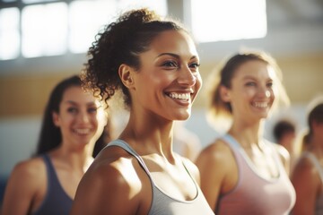 Portrait of smiling women sitting in a fitness class with light streaming in from the window, healthy lifestyle diversity concept. 