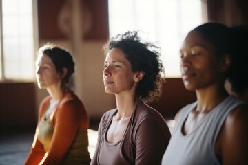 Portrait of women with their eyes closedd sitting in a yoga and meditation class with light streaming in from the window, healthy lifestyle diversity concept. 