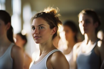 Portrait of young woman in a dance class with light streaming in from the window, healthy lifestyle diversity concept. 