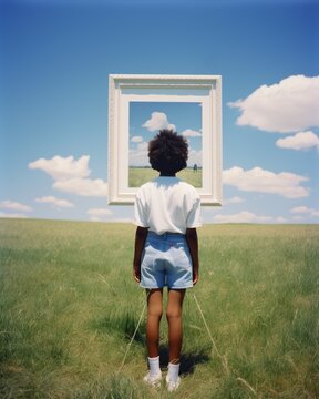 Black African American Woman wearing denim shorts and a white t-shirt standing in a green field looks through a white frame that shows the same field during mid-day.