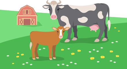 Cow and calf grazing in the summer flower meadow. Farm barn in the distance. Free range cattle, eco farming concept. Flat stylized illustration