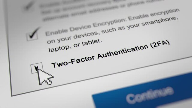 Animated Mouse Cursor Clicking "Two-factor authentication (2FA)" Checkbox to enable two-factor authentication option.
