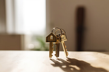 Keys on background of new apartment in sunshine. Property investment, house mortgage, real estate concept. Generative AI
