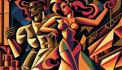 Foto op Plexiglas Latin American Hispanic male and female couple dancing the ballroom Calypso dance shown in an abstract cubist style painting for a poster or flyer, computer Generative AI stock illustration image © Tony Baggett
