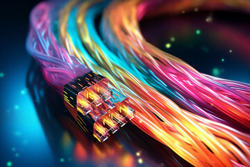 Fast fibre internet computer cable transmitting broadband telecommunication services through a cloud based global communication big data centre, Generative AI stock illustration image