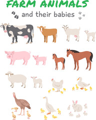 Female farm animals with offspring. Cow and calf, sheep, lamb, pig and piglet, horse, foal, goat with kid, chicken, chicks, duck and ducklings, turkey with poults, goose, goslings, rabbit with bunnies