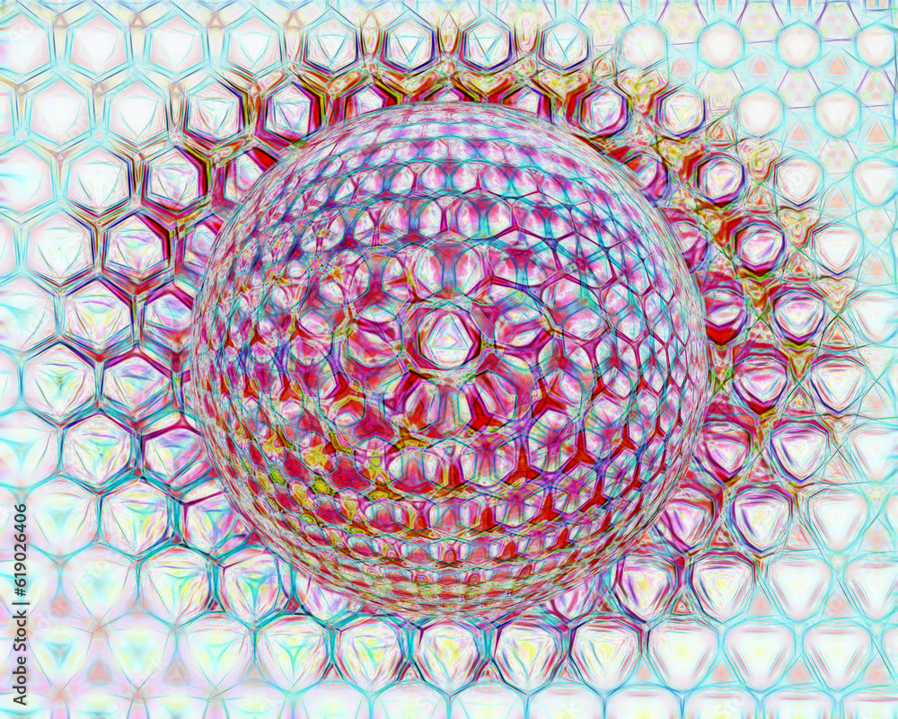 Poster creative 3d mosaic with many hexagonal tiles over a sphere