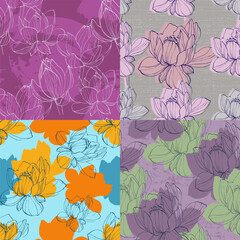 Water lily seamless pattern with a contemporary Asian twist. Featuring a beautiful blossom flower illustration on an art deco-inspired background. Enhanced by elegant  art, this vector floral design.