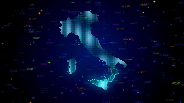 Futuristic Motion View Blue Colorful Shiny Digital Technology Hud Dots Mosaic Grid Italy Map Light Scanning With Numeric Tech Particles Background, Seamless Loop