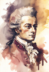 Wolfgang Amadeus Mozart watercolour painting of the famous Austrian classical music pianist and musical opera composer from Salzburg, computer Generative AI stock illustration