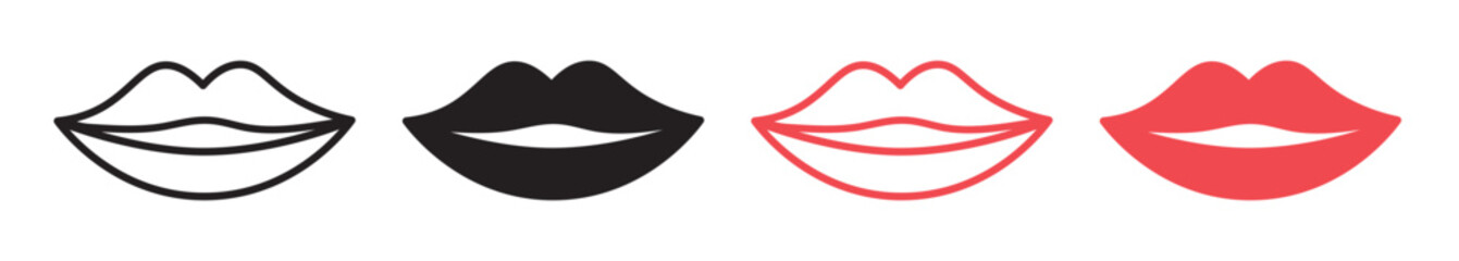mouth lips line vector icon in filled and outline. girl kiss pictogram in black and red color. woman lips shape icons set. lips drawing thin line symbol.